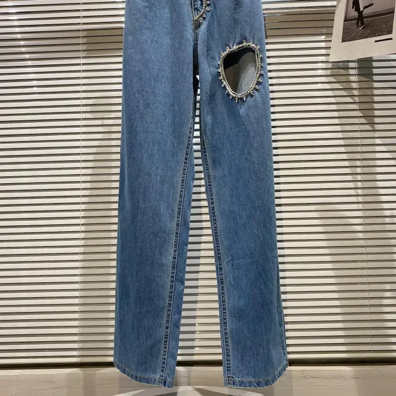 

Fashionable Hollowed Heart Shape Rhinestone Jeans Elastic-Waist Straight-Leg Pants 2021 Summer Streetwear Micro Elastic Trousers