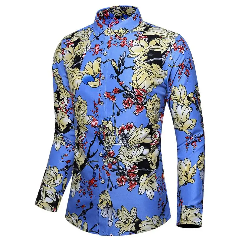 

Social Men's Casual Floral Shirt dress Slim fit Mens Long sleeve Fashion Shirt Hawaiian Style White Light blue Navy