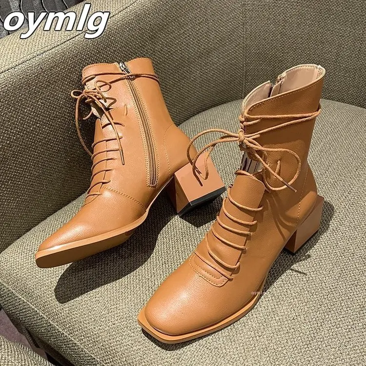 

2020 Elegant Square Toe Shoes Woman Genuine Leather Cross Tied High Heels Ankle Boots For Women Wedding Party Winter Shoes