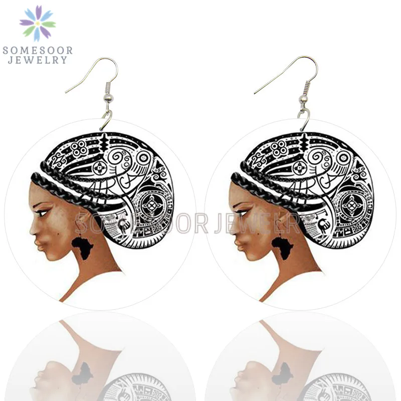 

SOMESOOR Afro Headwrap Woman Wooden Drop Earrings African Map Ethnic Tribal Art Printed Loops Dangle Jewelry For Women Gifts