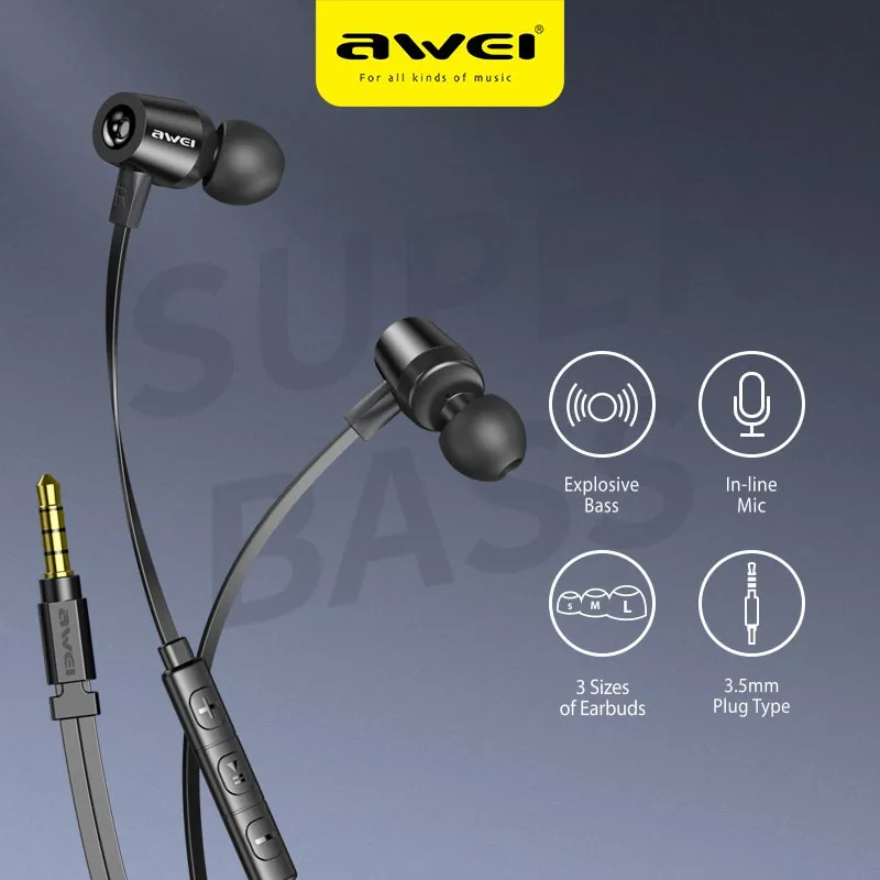 

Awei L1 In-ear Wired Earpuds 3.5mm Plug Bass HiFi Stereo Surround Earbuds Wire-Controlled Microphone Call Music Wired Earphones