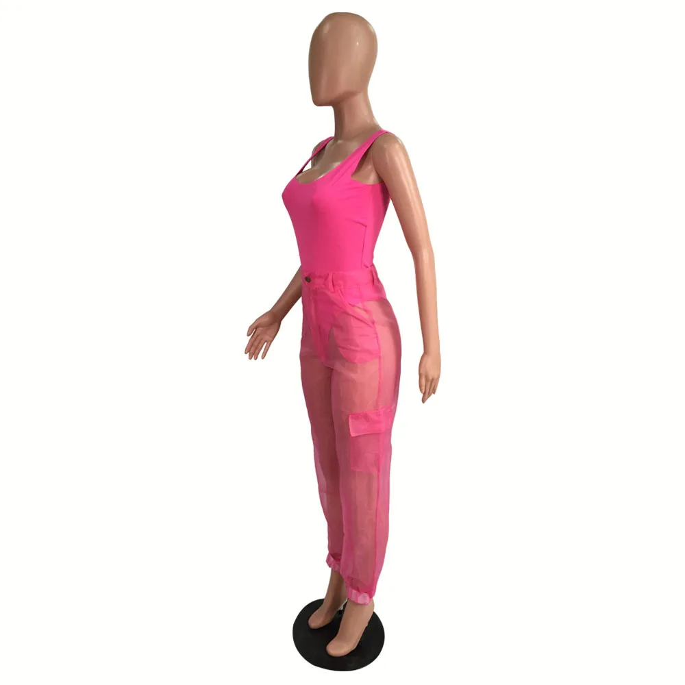 Sexy Bodysuit Top With Organza Pants Two Piece Set Casual Sleeveless Bodycon Jumpsuit Evening Club Party 2 Piece Overalls Sets