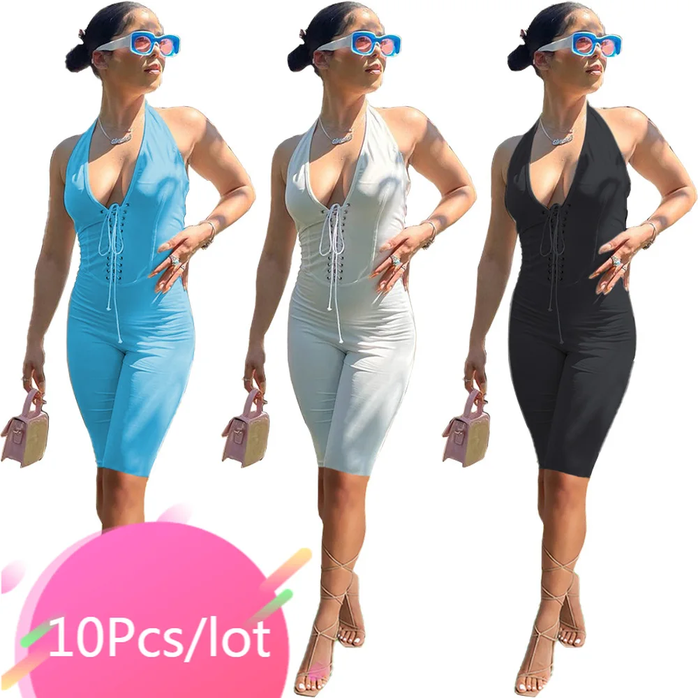 

Bulk Items Wholesale Lots Womens Jumpsuits Lace Up Bandage Romper Sexy Backless Playsuits Biker Shorts One Piece Outfits 2021