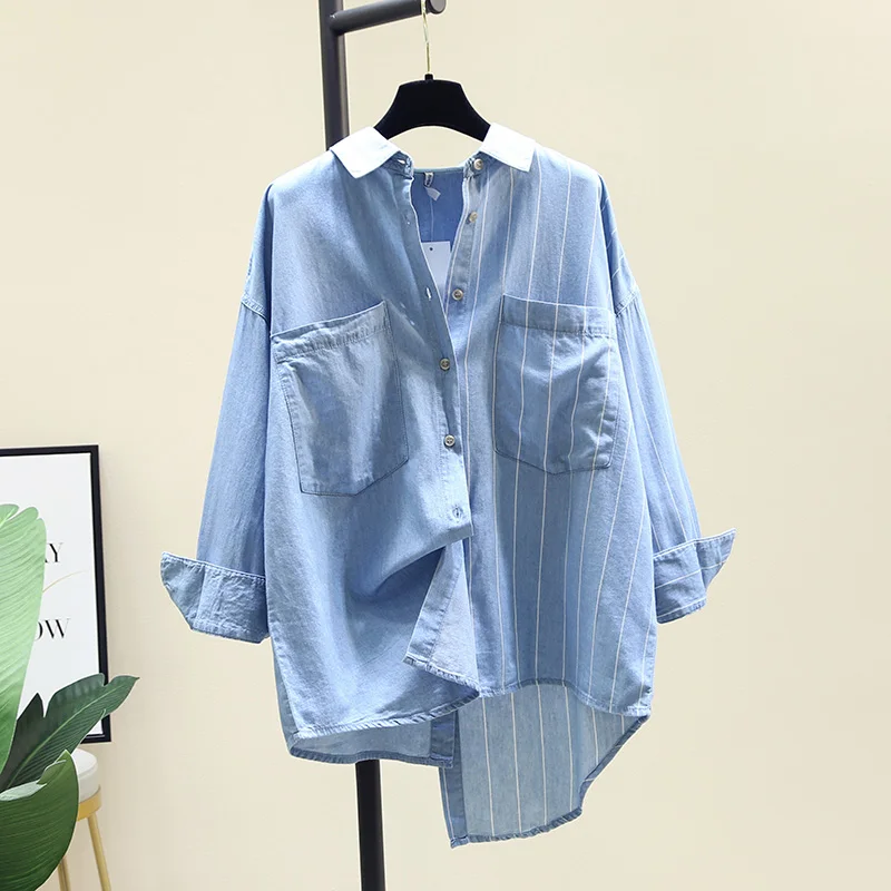 

SuperAen Blue Denim Cotton Shirts Coat Women's Autumn 2021 New Double Pocket Casual Irregular Patchwork Top