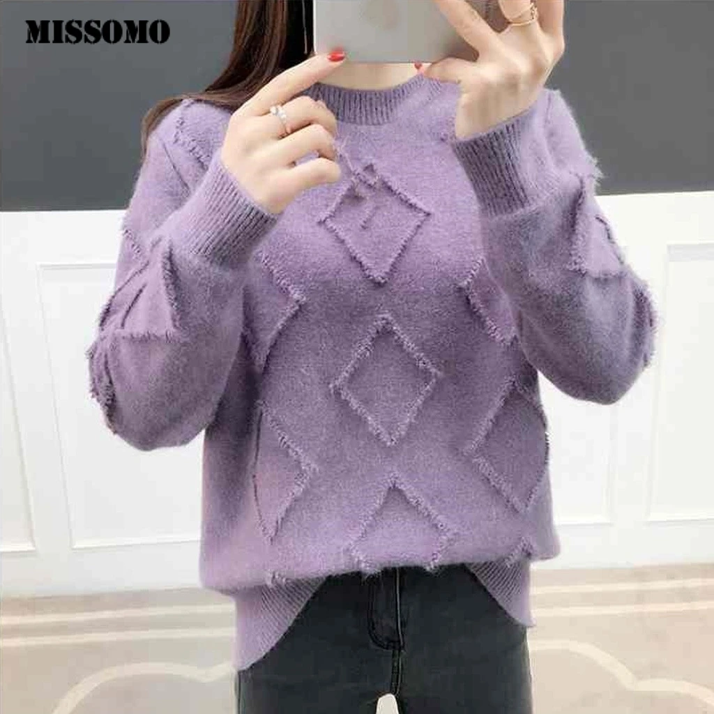 MISSOMO осень-зима свитер для женщин связанное с узором &quotромбиками&quot длинный