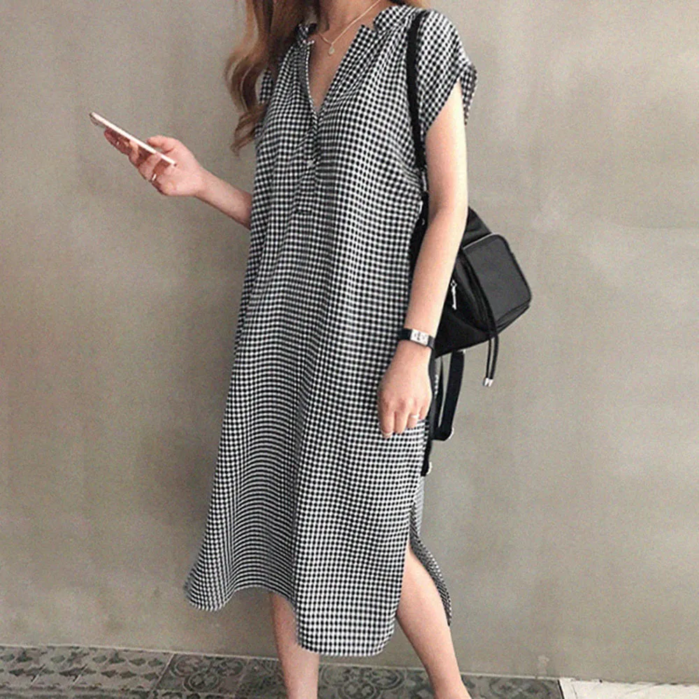 Женское летнее платье пуловер клетчатые прямые платья повседневные Япония Корея