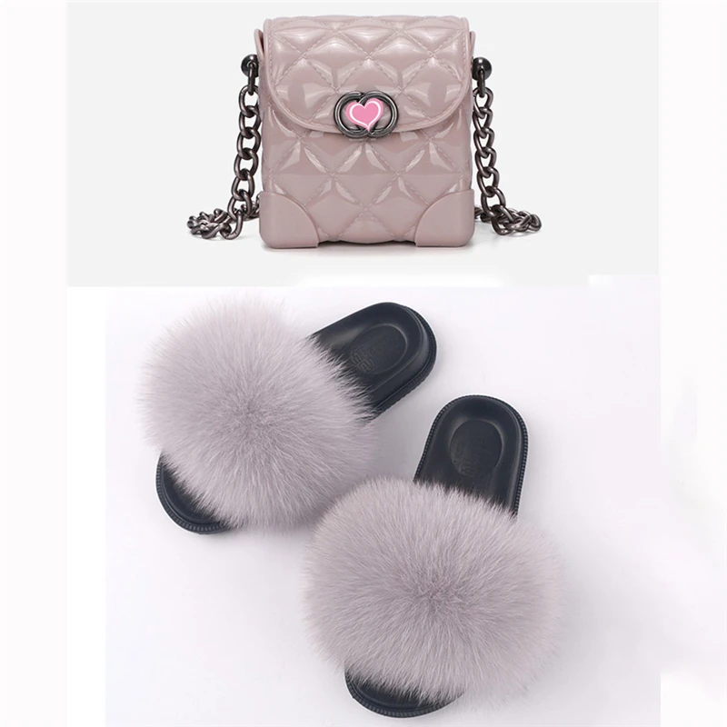 

Women's Summer Fox Fur Slippers Shoulder Bag Cute Fluffy Slippers Fashion Furry Slippers Plush Slippers Set Fox Fur Slippers