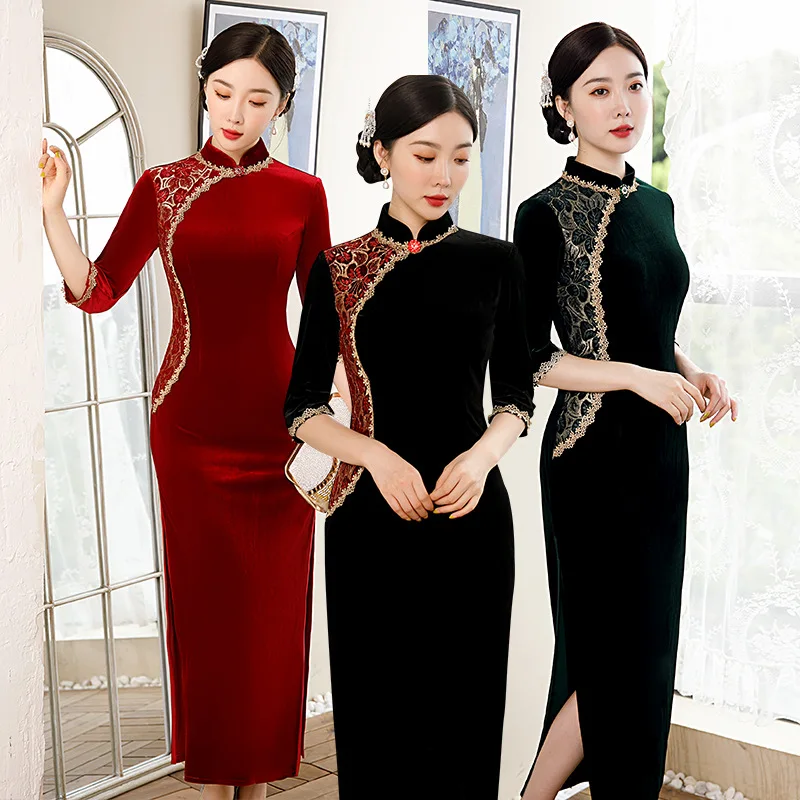 Traditional Women Half Sleeve Lace Trim Applique Qipao Vintage Oriental Velvet Cheongsam Chinese Formal Dress Oversize 4XL