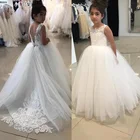 Платье с цветочным узором для девочек на свадьбу, с кружевной аппликацией, без рукавов платье со шлейфом для девочек на свадьбу, выпускной, детское платье для причастия