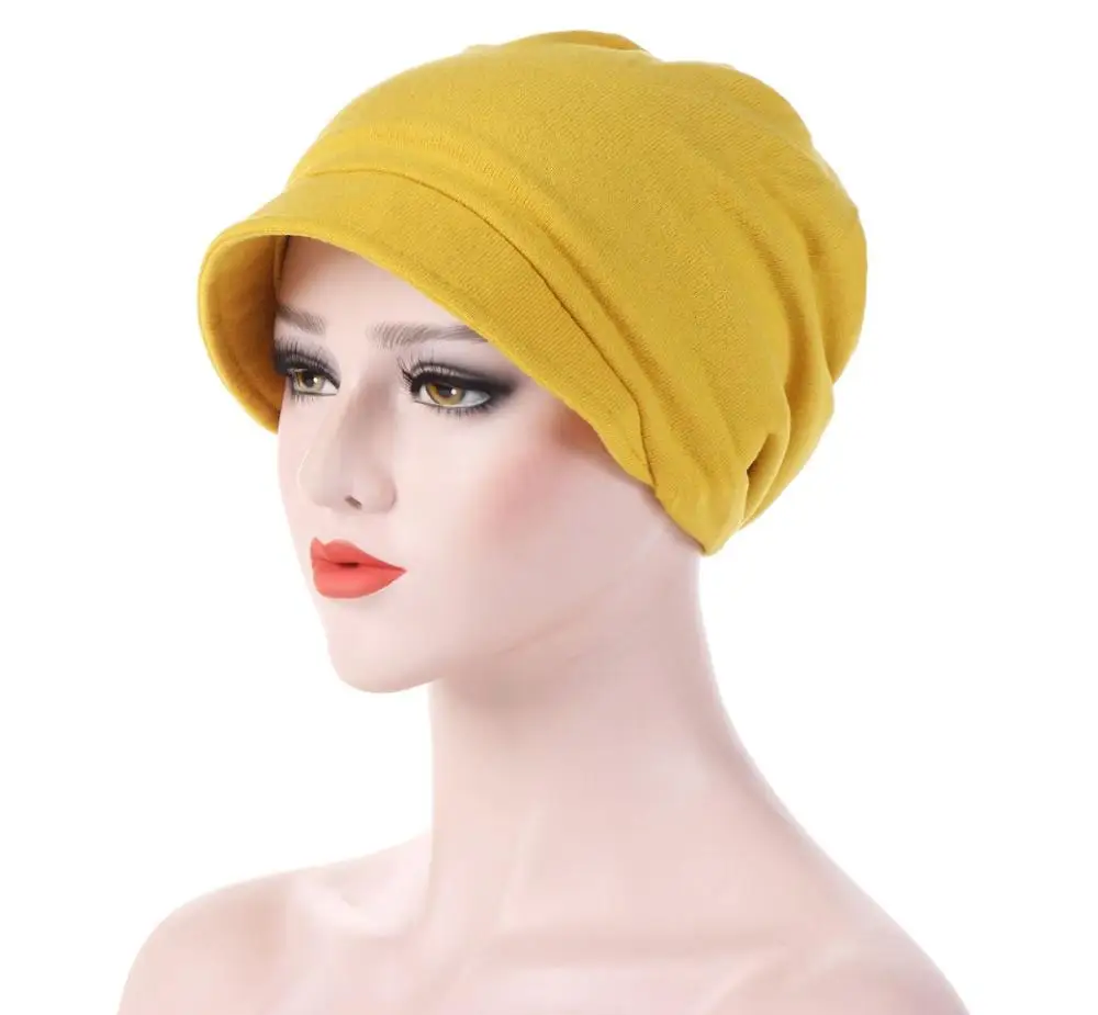 

2020 soild cotton turban cap for women female brim cap islamic head wraps ladies fashion hat hair loss turban
