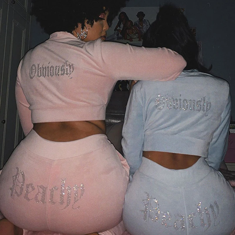 

Winter Velvet Crop Jacket And Tracksuit Joggers Two Piece Set With Diamante Rhinestones Jogging Suits For Women New