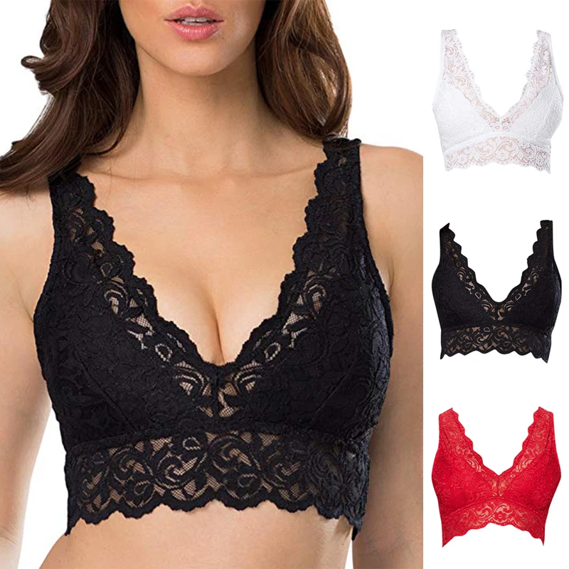 

Women's Sexy Lace Hollow Out Bra 2021 New Fashion Solid Black White Sport Bralette Breathable Comfortable Underwear Large Size