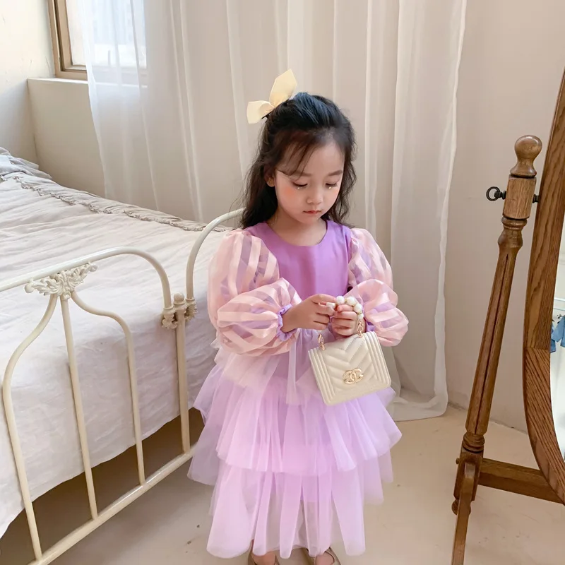 

WLG Baby Girl Dress Kids Clothes Spring Purple Mesh Layered Dresses Girls Cute All Match Clothes for 2-7 Years