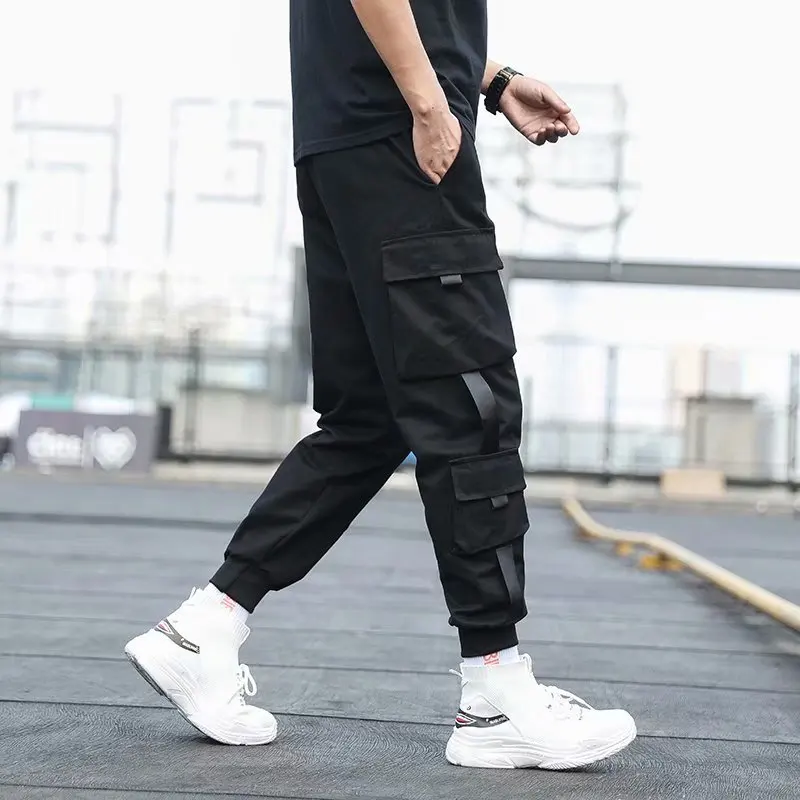 Мужские брюки-карго с боковыми карманами, черные повседневные мужскиеджоггеры с лентами 2020 в стиле хип-хоп, брюки, модная повседневная Уличнаяодежда