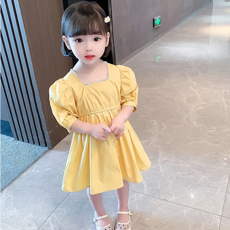 

Детское ТРАПЕЦИЕВИДНОЕ ПЛАТЬЕ, желтое Хлопковое платье с коротким рукавом, с жемчугом, на возраст 2-7 лет, летняя вечерние для девочек, 2021