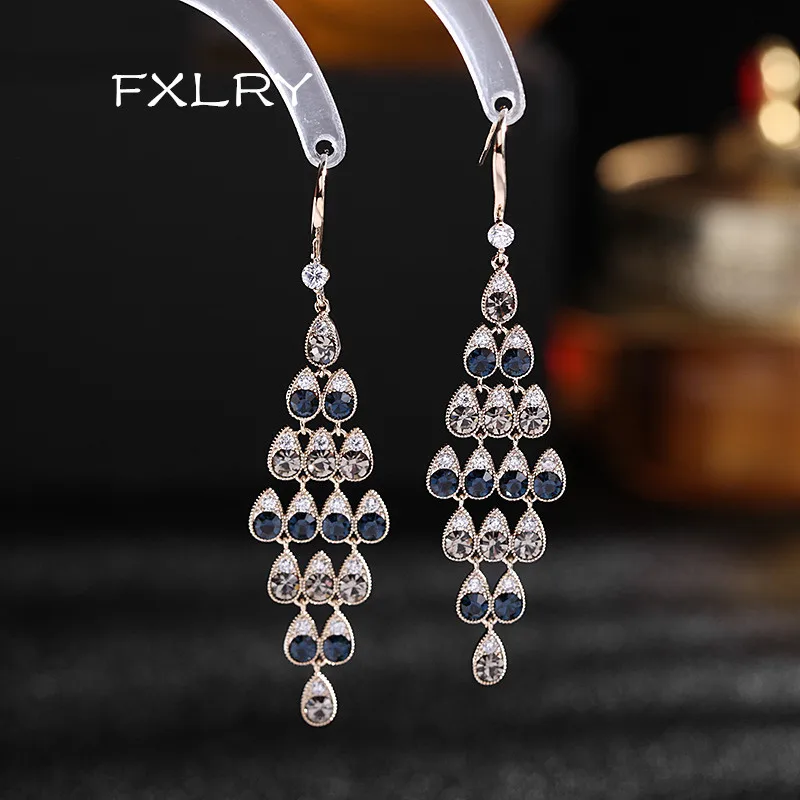 

FXLRY High Quality Crystal Earhook Long Tassel Geometric Charm Earrings For Women Fashion Jewelry Accessories