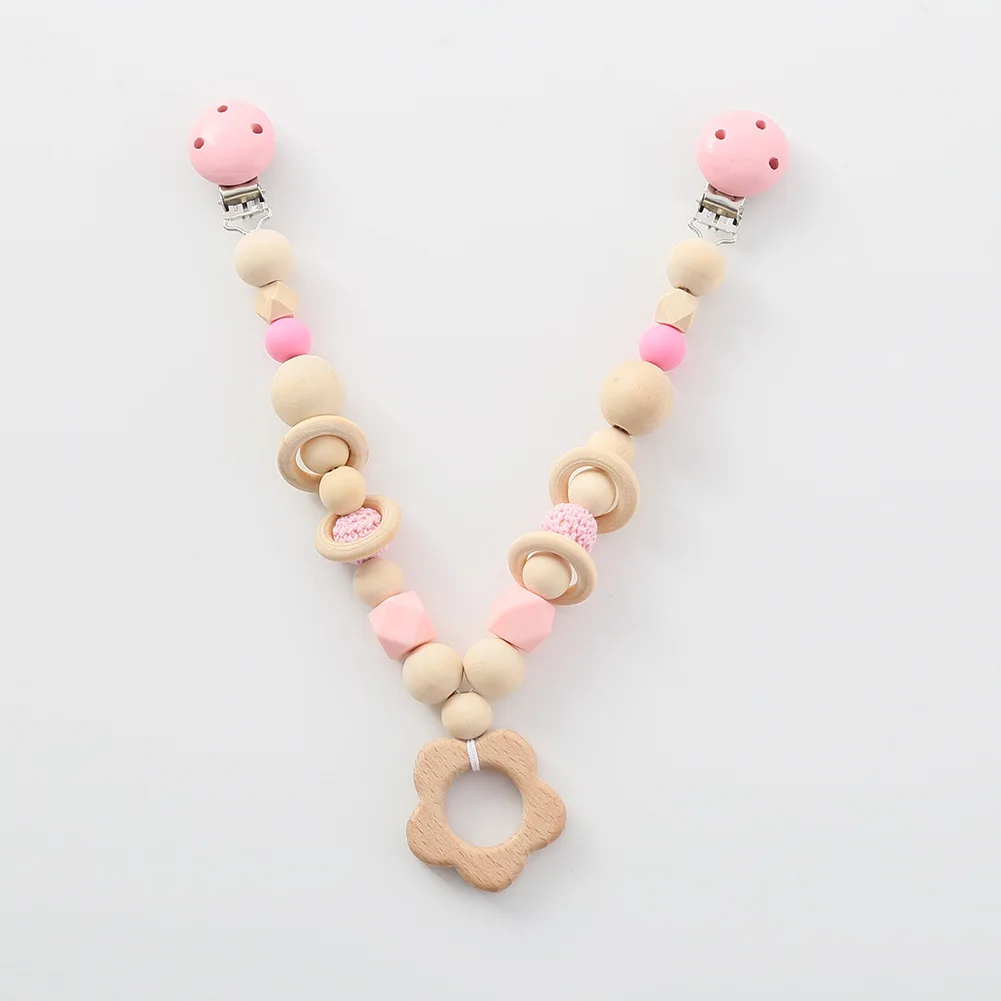 

Baby Pacifier Holder Wooden Baby Pacifier Chain Clip Geometric Crochet Beads Bag Wood Teether Tiny Rod Dummy Clips