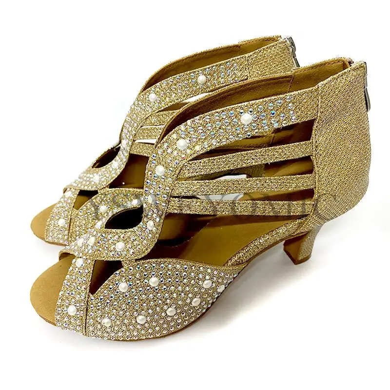 2021 Gold Women Dance Shoes Salsa Rhinestones Shoes Social Party Shoes for Female Samba Latin Dance Shoes Low Heel 6cm 2inch