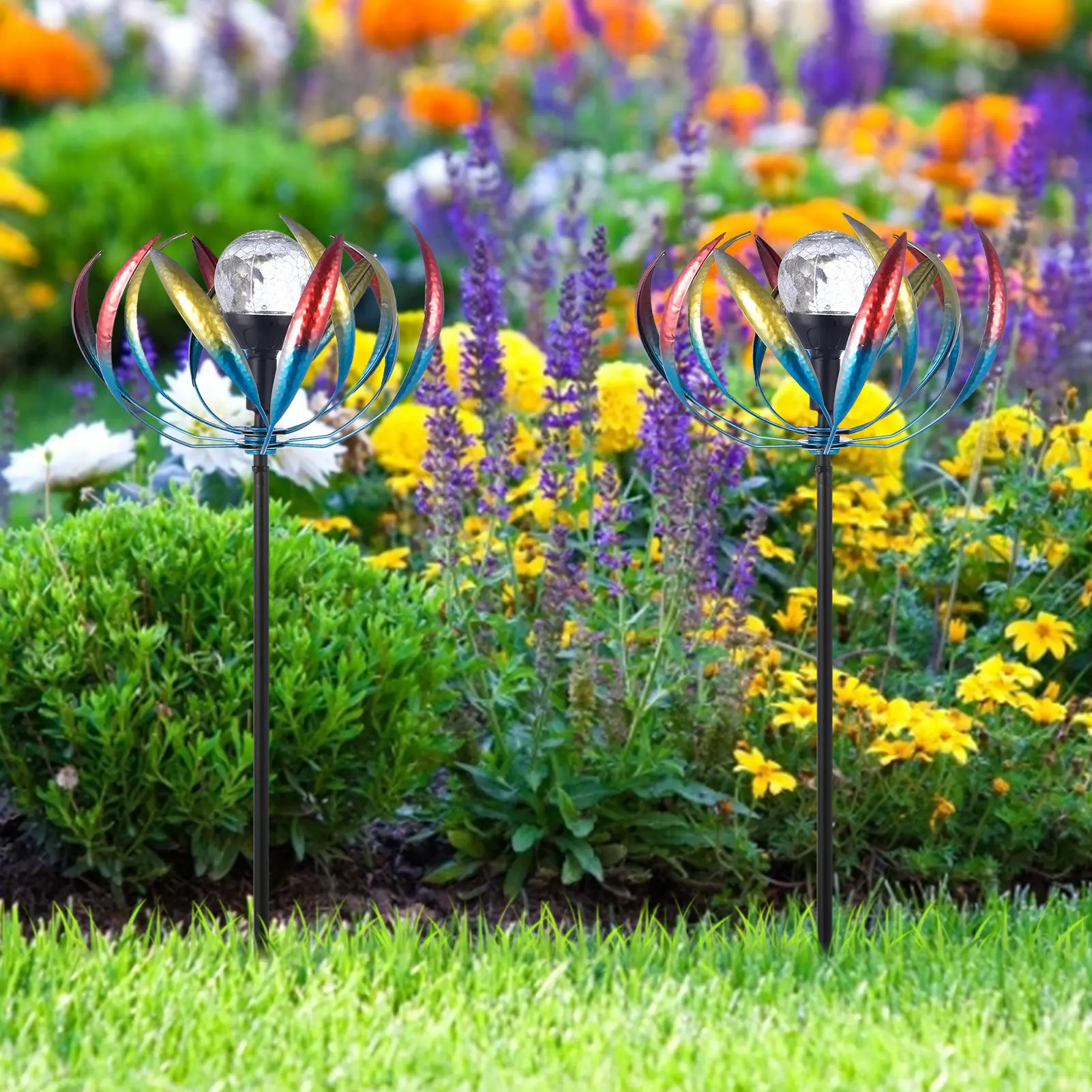 Harga Taman Surya Angin Pemintal Kincir Angin Dengan Multi-warna LED Cahaya Malam Untuk Halaman Rumput DIY Perakitan Saham Dekoratif