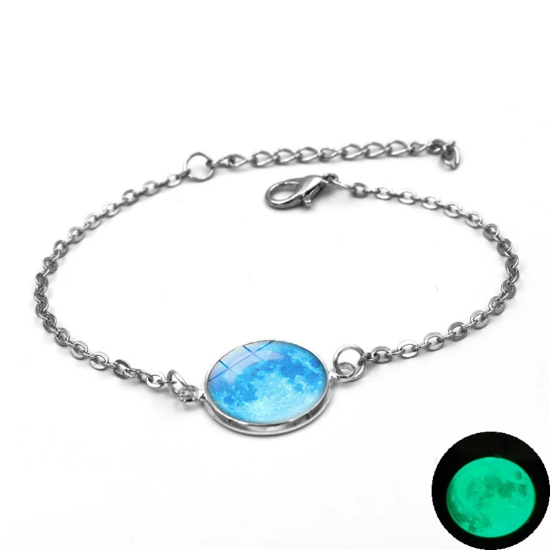 

2021 Fashion Glow In The Dark Charms Glass Bracelet Cabochon Gray Moon Luminous Chain Link Bracelets for Women Girl Gift Jewelry