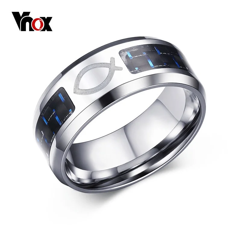 

Vnox Drop Shipping 8MM Stainless Steel Jesus Christian Fish Rings for Men Women Religious Faith Ring with Blue Carbon Fiber
