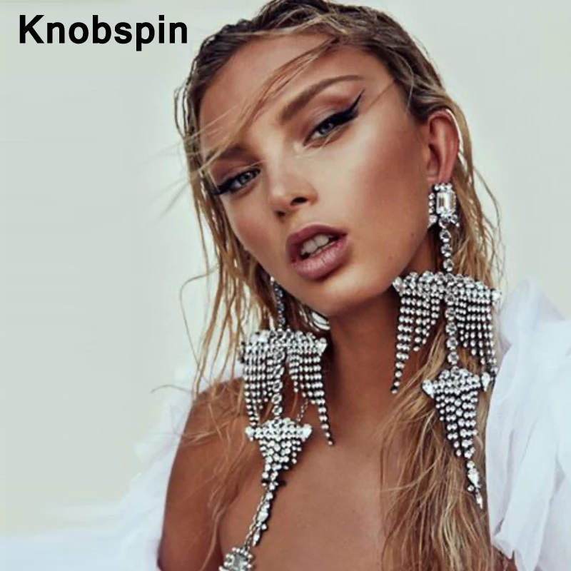 

Knobspin Full Diamonds European Charms Earings Big Long Tassel Earrings Party Dinner Wedding Accessories For Women Fine Jewelry