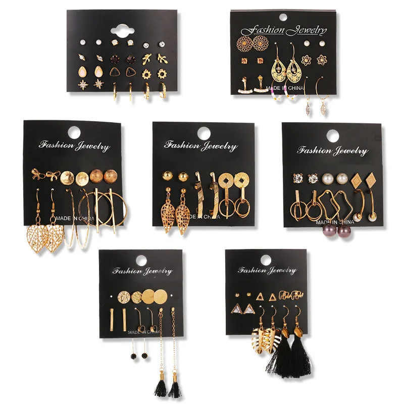 

New fashion American style tassel Set Earrings Metal Simple Card Earrings Women Leopard Leaf Hollow Geometric Earrings Jewelry