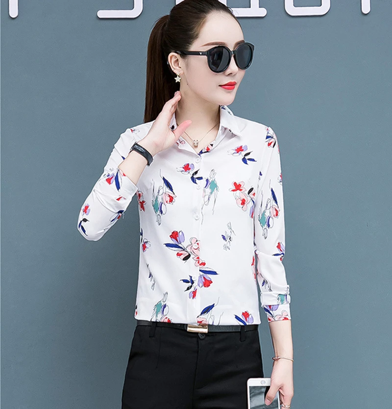 

Korean Style Women Tops Slim Long Sleeved Blouse Colorful Printed Plus Size Ladies Chiffon Shirt Breathable Tops