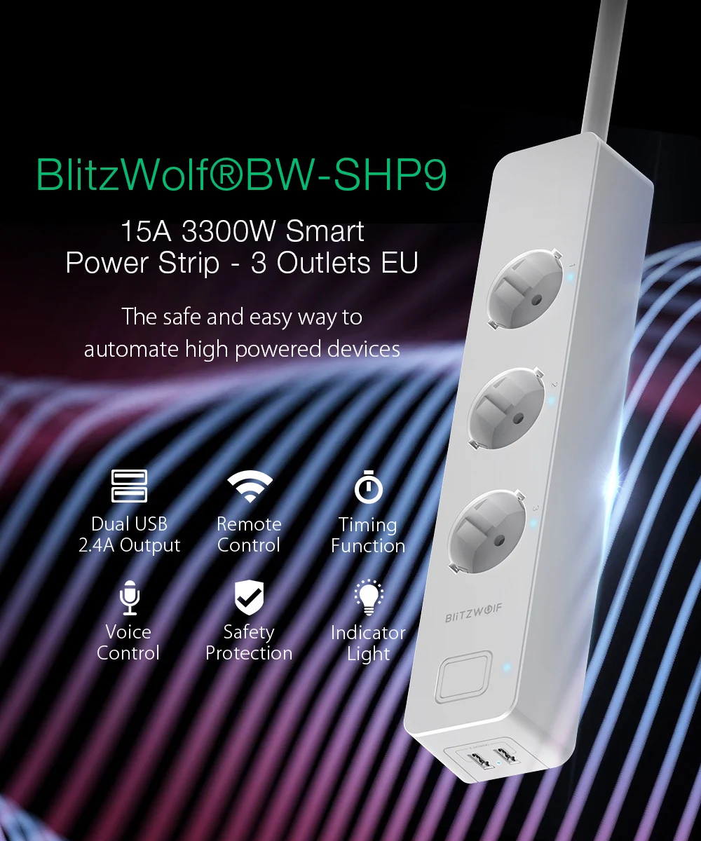 BlitzWolf BW-SHP9, штепсельная вилка европейского стандарта 3300 Вт, 15а, 3 гнезда, двойной разъем USB, 2,4 ГГц, Wi-Fi, смарт-контроллер, блок питания, таймер, приложение, дистанционное управление