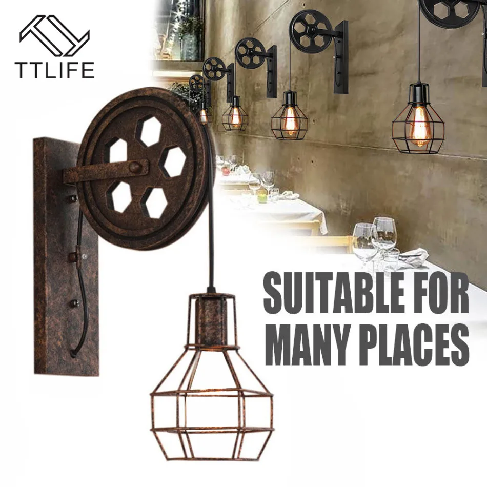 

Iron LED Wall Lamp for Home Industrial Decorative Wall Lamp Creative Small Wheel Chandelier on Casters American Country Style