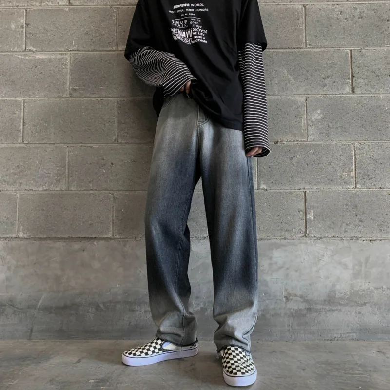 Джинсы мужские прямые повседневные с эффектом потертости модные брюки из денима