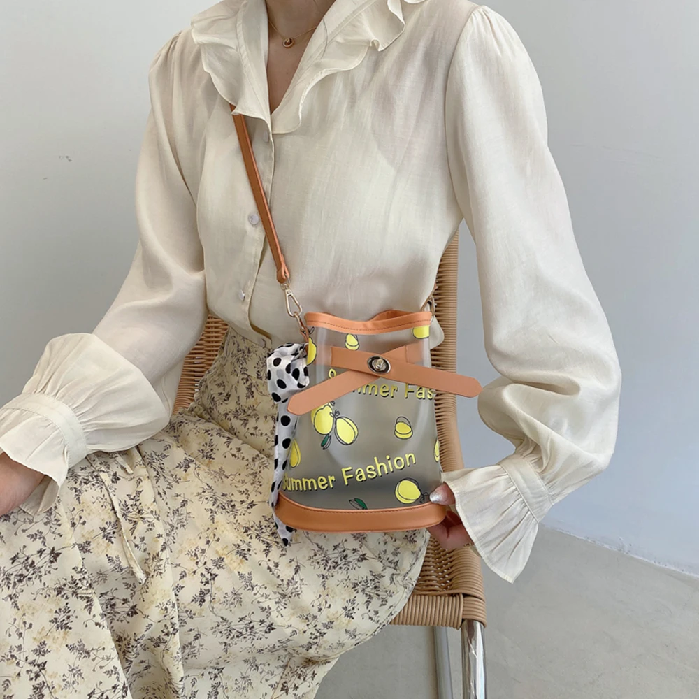 

Fruit Pattern PVC Women's Designer Handbag Ribbon Bow Transparent Jelly Bucket Bag 2021 Summer Travel Shoulder Messenger Bag