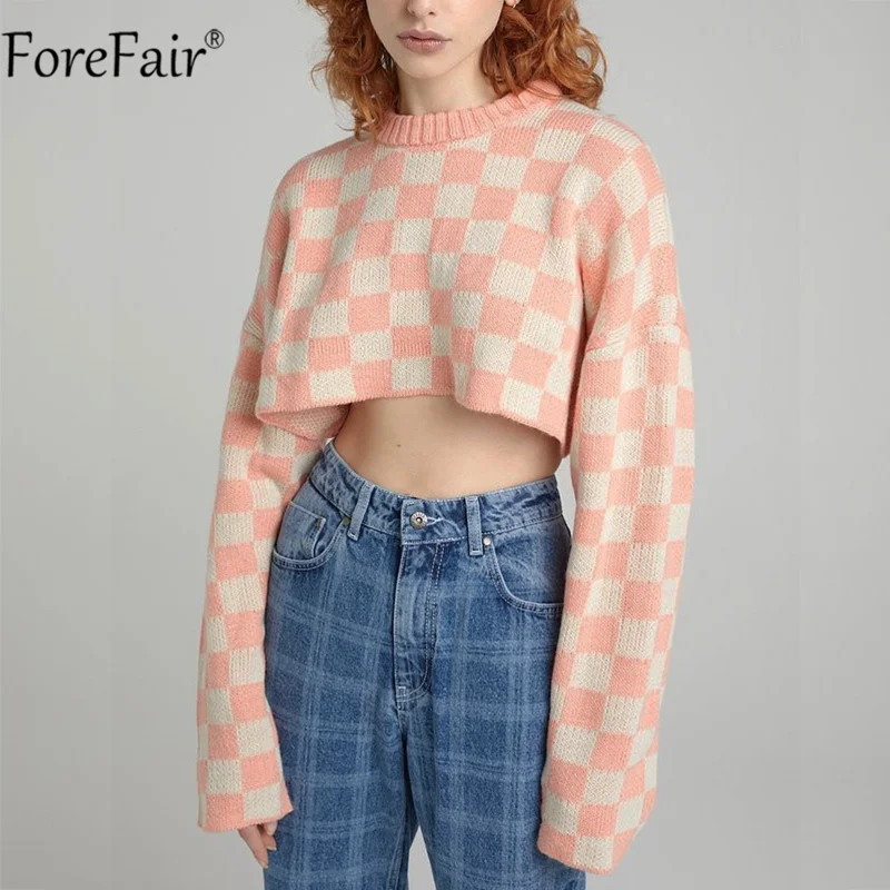 

Forefair 2021 Pink O Neck Knitted Pullovers Autumn Winter Long Sleeve Print Fashion Casual Jumper Y2k Top Loose Women Sweater
