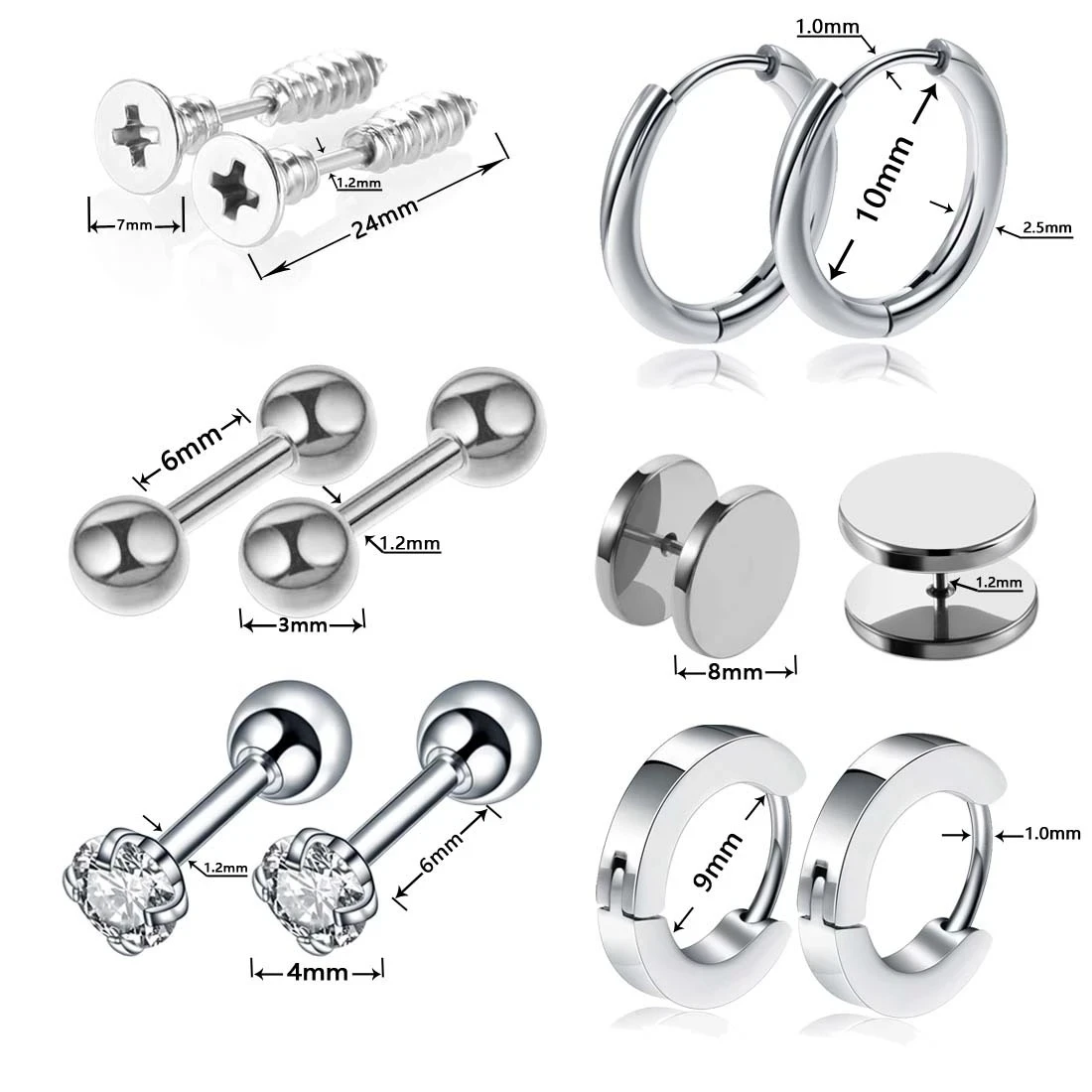 

12 Pairs For Men Women Cool Stainless Steel Hoop Ball/Black Dot/Diamond/Screw Stud Earrings Set 4 Colors Punk Ear Piercing Studs