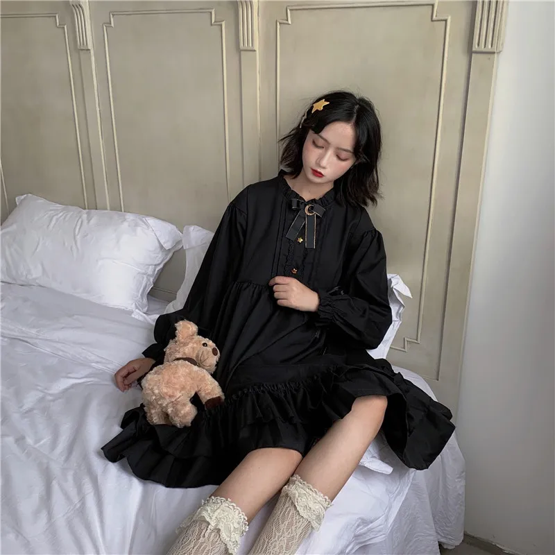 

Japanese Preppy Style Women Mini Lolita Dress Gothic Black Kawaii Cosplay Halloween Costume Harajuku Ruffles Dress With Moon Pin