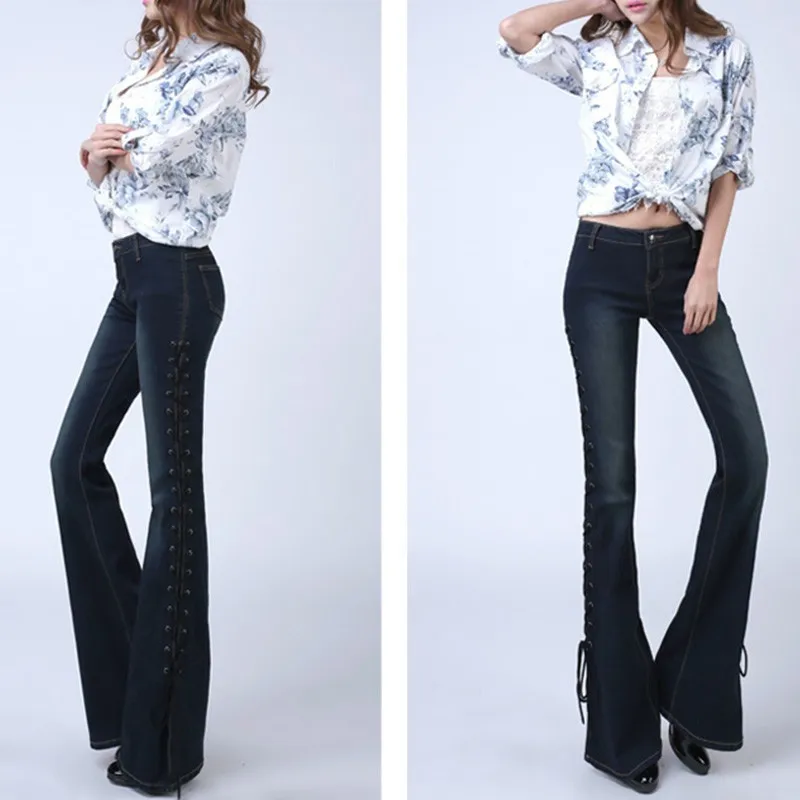 Новинка 2020 синие Облегающие расклешенные джинсы со шнуровкой женские с разрезом