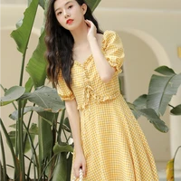 temperament small tea break skirt type a fresh sweet puff sleeve french plaid dress female summer new style square neck
