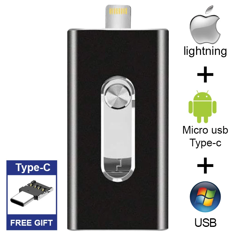 Black-Type-C Бесплатный адаптер type-C, флешка для iPhone/iPad, USB флеш-накопитель Lightning, USB 3,0, Фотокарта, 256 ГБ, 128 ГБ, 64 ГБ, 32 ГБ, 16 ГБ, 512 ГБ - Цвет: Black-Type-C