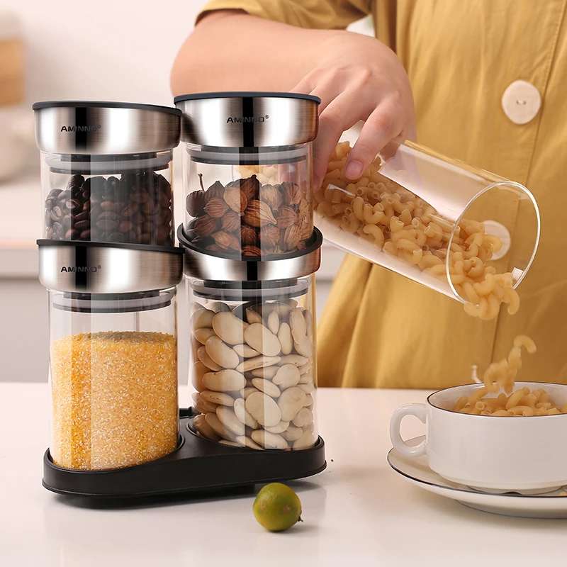 AMINNO Kitchen Food Storage Organizer Containers Stack 5 Glass Bottles Sealed Lid Rotatable Rack 380mlx2 570mlx2 850mlx1 | Дом и сад