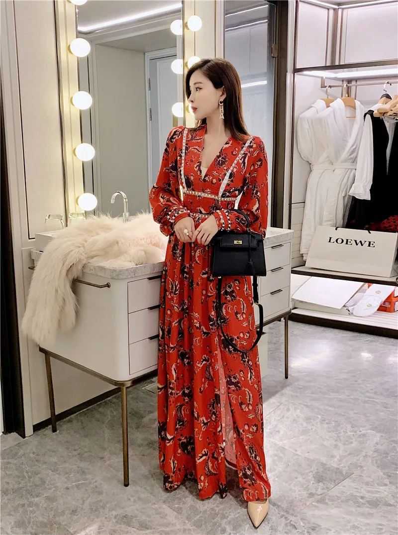 Женское Макси-платье, винтажное, Vestidos, Осеннее, женское, новое, с v-образным вырезом, с красным принтом, с жемчужинами, с разрезом, с длинным рукавом, Пляжное, длинное платье