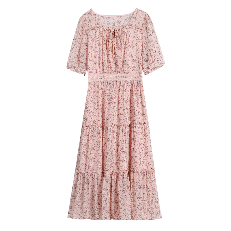 

Summer Fashion Beach Short Sleeve Midi Dress for Women Pink Chiffon Floral Print High Waist Bodycon Chic Party Dresses Vestidos