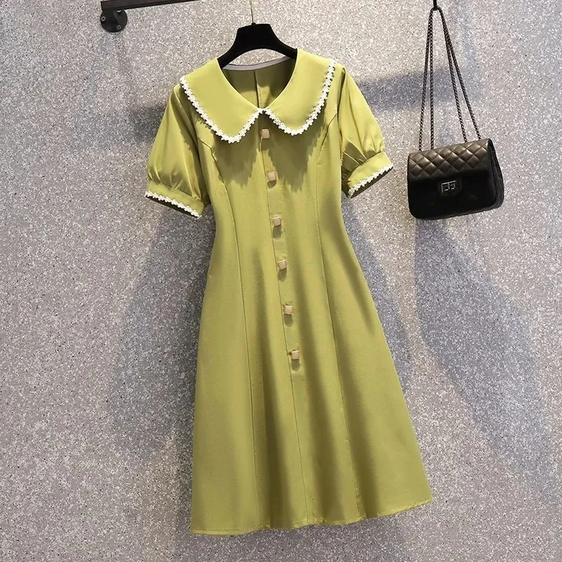 

Large size women's 2021 summer new short sleeve temperament show thin baby collar solid dress sexy dress women