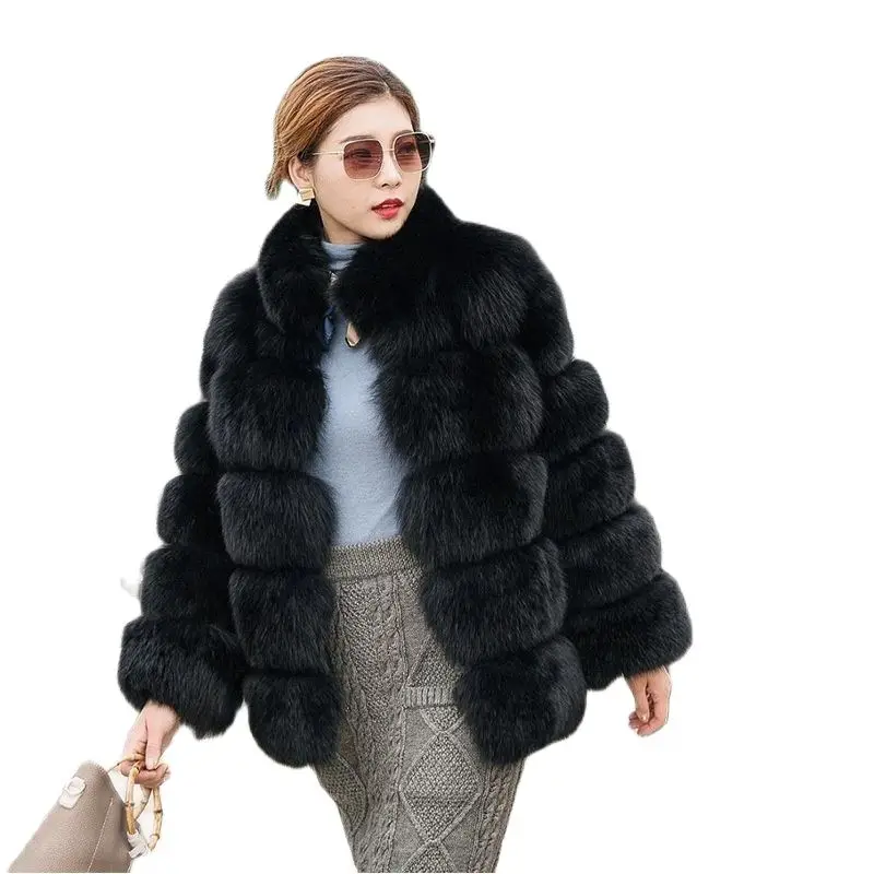 HJQJLJLS 2021 Winter Thick Warm Fur Coat Women Luxury Faux Fox Fuzzy Coat Female Stand Up Collar Fake Fur Jacket Black Outerwear