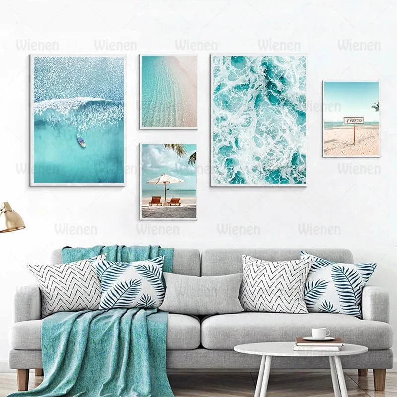 

Modern Blue Seaside Scenery Art Canvas Painting Nordic Spindrift Poster Room Decoration Picture Nature Beach Wall Decor Posters