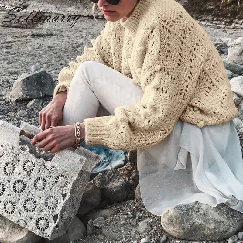 Sollinarry сливочно-белые осенние свитера с помпоном для женщин повседневный вязаный