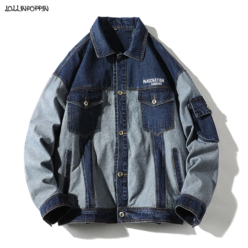 

Уличный сверхразмерный Для мужчин джинсовая куртка из смешанных материалов, с вышитой надписью 2021 Новый Хай-стрит Цвет-Блокировка свободны...