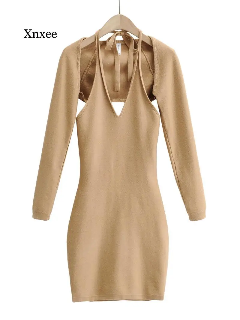 

Summer Women's Sexy Sleeveless Halter Deep V Neck Mini Dress with Shawl Fashion Club Party 2 Women Dresses