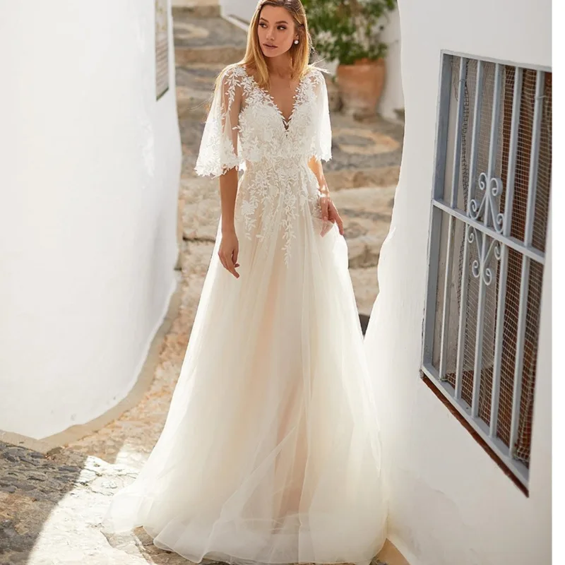 

Wedding Dress A-Line Batwing V-Neck Lace Appliques Bridal Gowns Elegant Backless Tulle A Line Vestido De Noiva Свадебное Платье