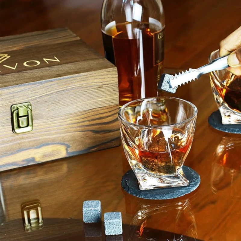 

6 Pcs Whiskey Bourbon Chilling Stones Set with Storage Bag and Wooden Box Father's Day Christmas Birthday Anniversary