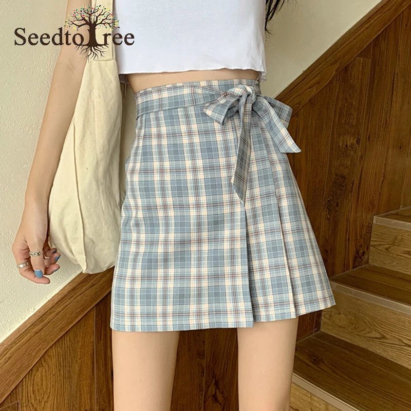 

Summer Plaid Casual Skirt Women's Irregular Pleated Skirt Bag Hip Above Knee Mini Skirt